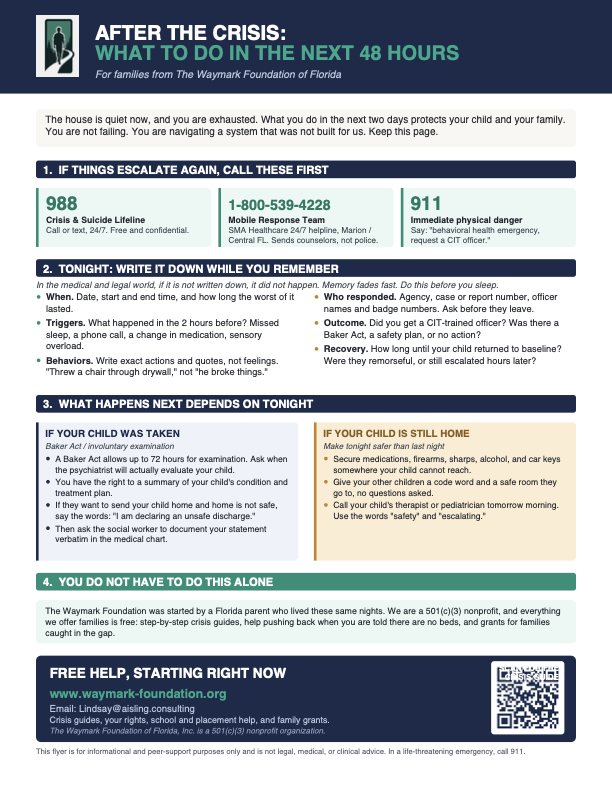 Preview of the one-page Waymark crisis flyer for families